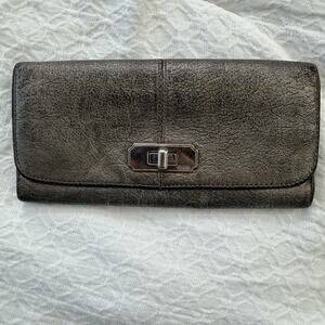 Vintage COACH Silver Metallic Turn Lock Leather Wallet Card Case Checkbook